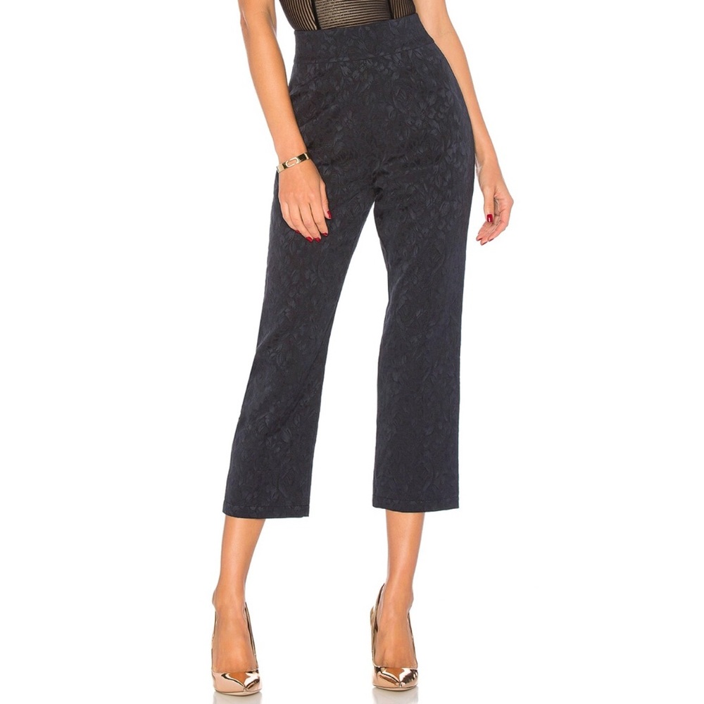 FOR LOVE & LEMONS navy blue jacquard floral print Luella Cigarette crop pants